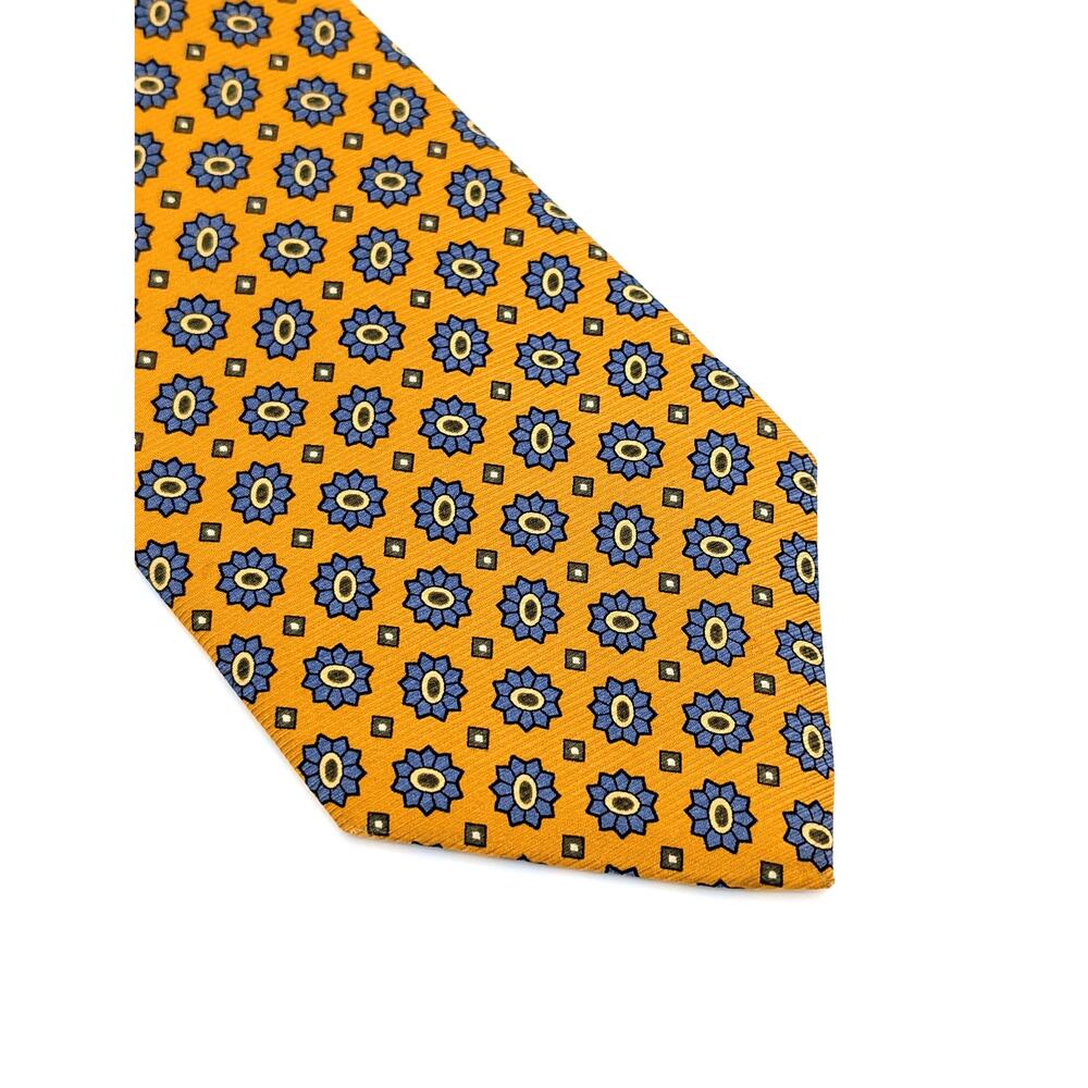 Vintage 90s Lands End Tie Silk Jacquard Geometric Medallion Gold Blue Y2K Preppy